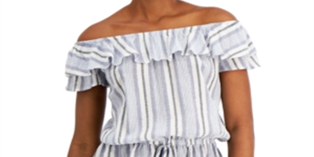 Michael Kors Women's Stripe Off the Shoulder Blouse Blue Size Medium