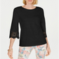 Charter Club Women's Lace Sleeve Top Black Size Petite Small