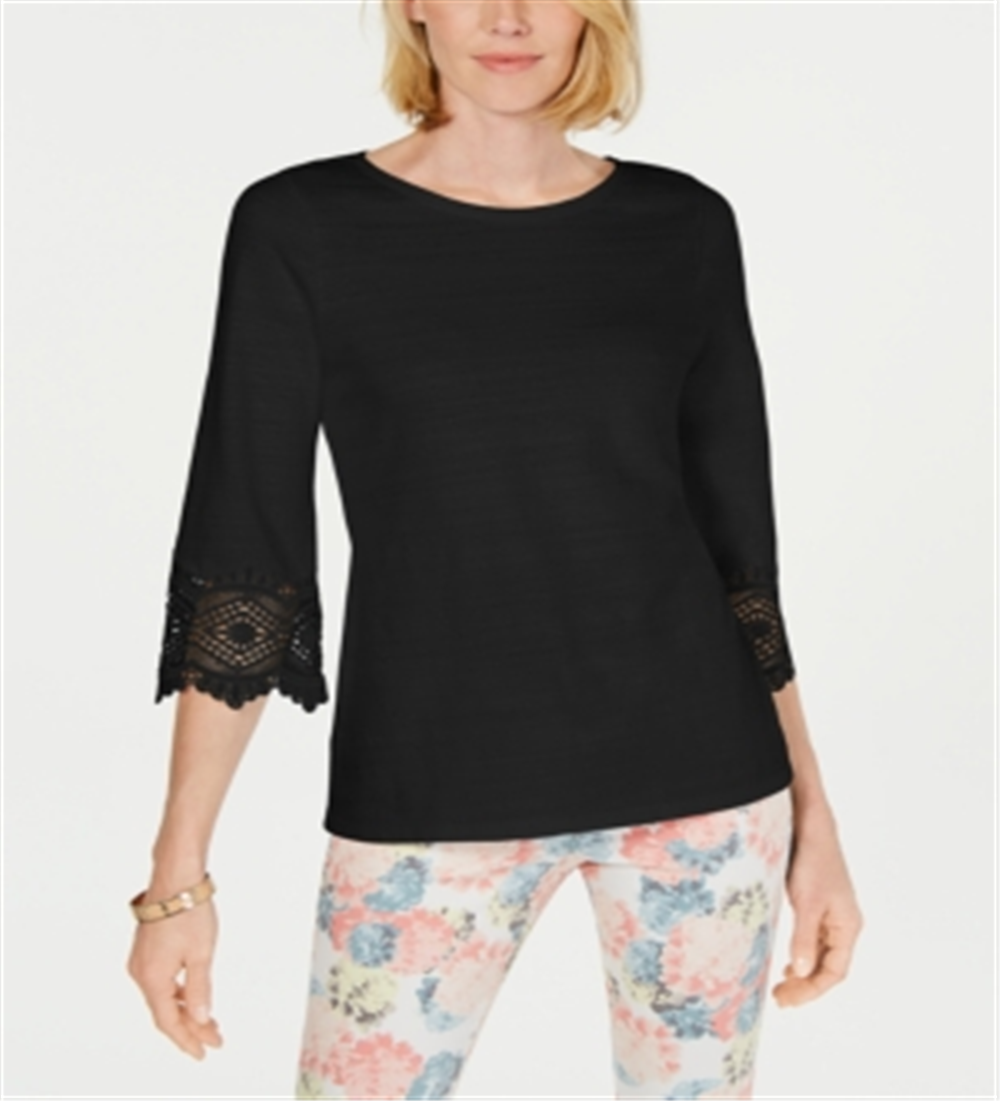 Charter Club Women's Lace Sleeve Top Black Size Petite Small