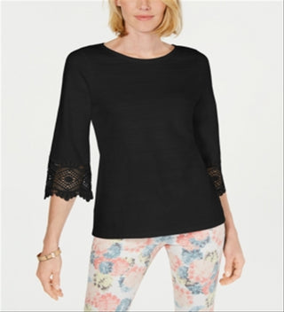 Charter Club Women's Lace Sleeve Top Black Size Petite Small