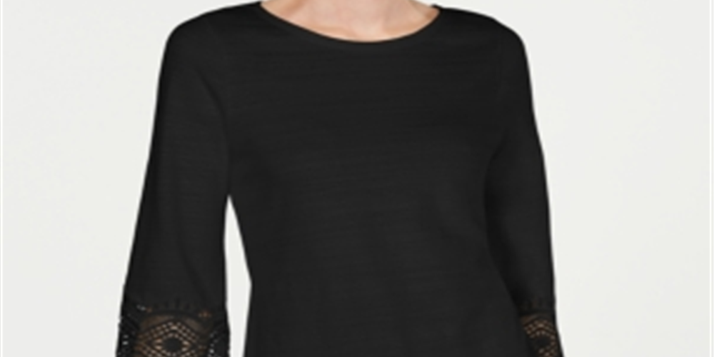 Charter Club Women's Lace Sleeve Top Black Size Petite Small