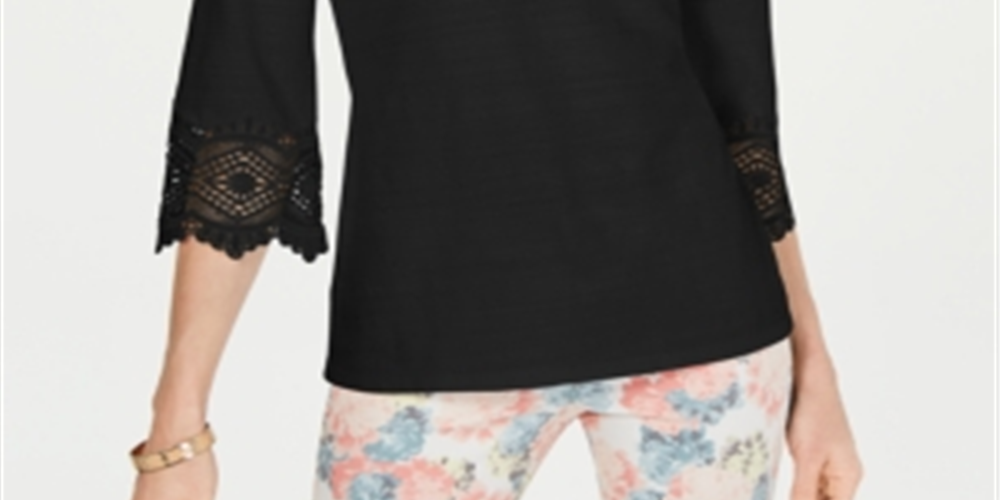 Charter Club Women's Lace Sleeve Top Black Size Petite Small