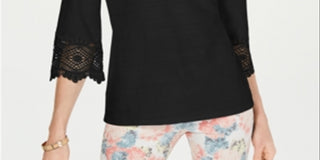 Charter Club Women's Lace Sleeve Top Black Size Petite Small