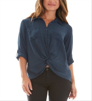 BCX Junior's Twist Detail Button Front Shirt Blue Size Small