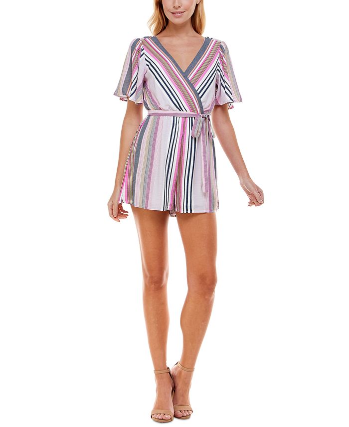 Trixxi Women's Printed Short Sleeve Surplice Neckline Romper Pink Size Medium