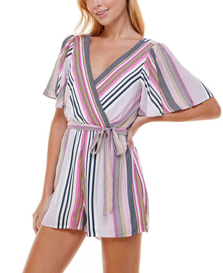 Trixxi Women's Printed Short Sleeve Surplice Neckline Romper Pink Size Medium