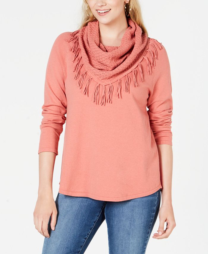 Style & Co Women's Fringed Cowl Neck Sweater Orange Size Petite Small