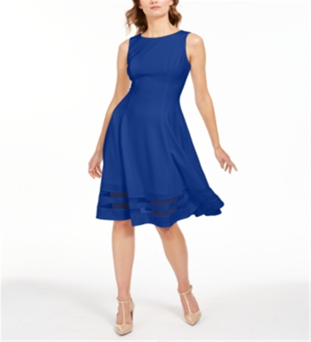 Calvin Klein Women's Illusion Trim Fit Flare Dress Blue Size 6