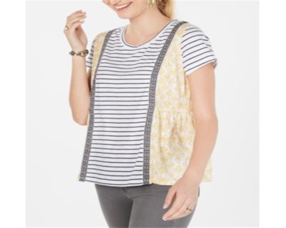 Style & Co Women's Mixed Print Striped T-Shirt Yellow Size Petite