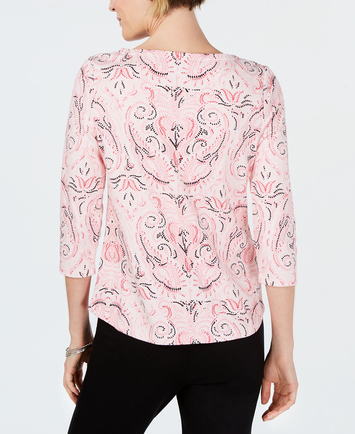 Charter Club Women's Pima Cotton Button Shoulder Printed Top Pink Size Petite Medium