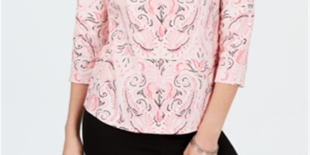 Charter Club Women's Pima Cotton Button Shoulder Printed Top Pink Size Petite Medium