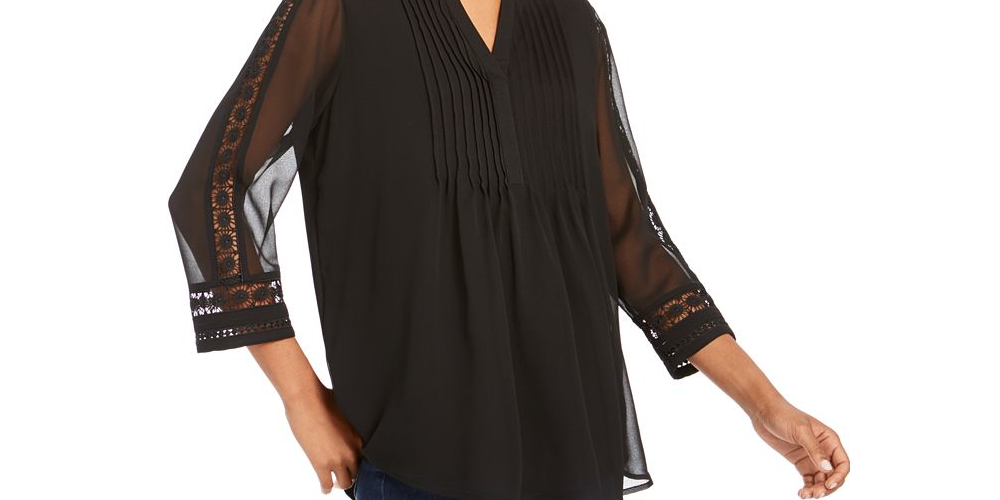 Charter Club Women's Solid Knit Pintuck Top -Black Size S