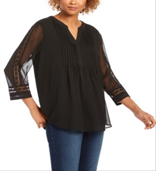 Charter Club Women's Solid Knit Pintuck Top -Black Size S