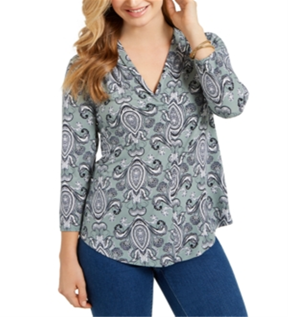 Charter Club Women's Printed V Neck Top Green Size 2X