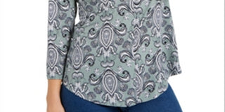 Charter Club Women's Printed V Neck Top Green Size 2X