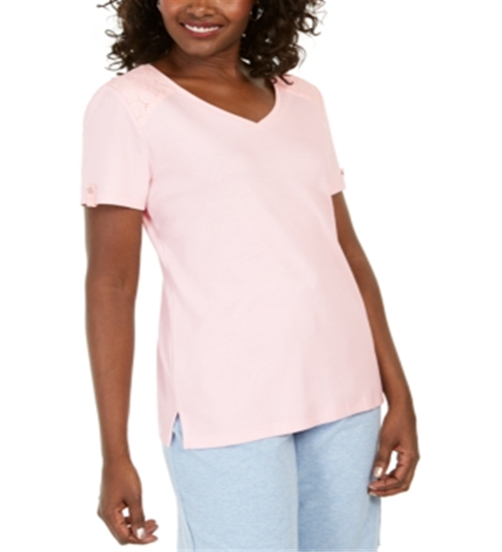Karen Scott Women's Eyelet Shoulder V-Neck Top Pink Size X-Small