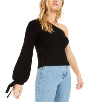 Bar III Women's One Shoulder Volume Sleeve Sweater Black Size Large