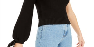 Bar III Women's One Shoulder Volume Sleeve Sweater Black Size Large