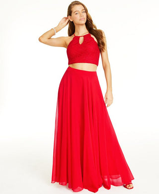 City Studios Junior's 2 Pc Glitter Lace Top & Chiffon Maxi Skirt Red Size 9