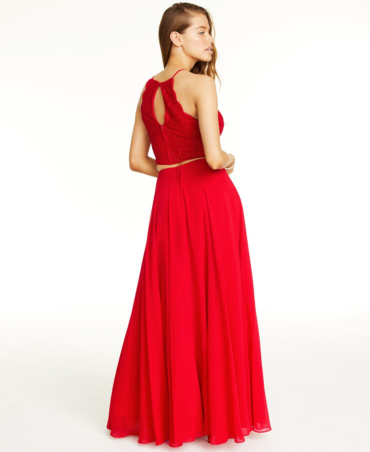 City Studios Junior's 2 Pc Glitter Lace Top & Chiffon Maxi Skirt Red Size 9