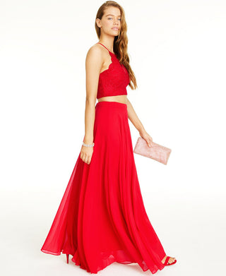 City Studios Junior's 2 Pc Glitter Lace Top & Chiffon Maxi Skirt Red Size 9