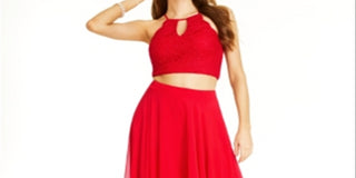 City Studios Junior's 2 Pc Glitter Lace Top & Chiffon Maxi Skirt Red Size 9