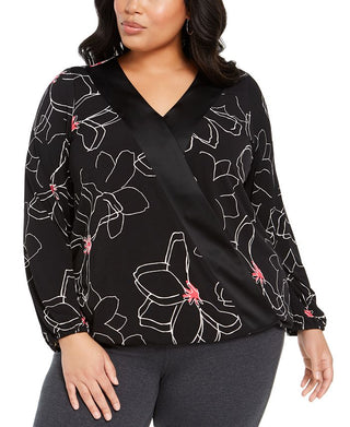 Alfani Women's Plus Printed Surplice Neck Blouse Black Size 0X