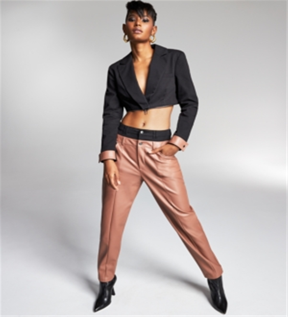 Bar III Women's Double-Waistband Faux-Leather Pants Brown Size XXXL