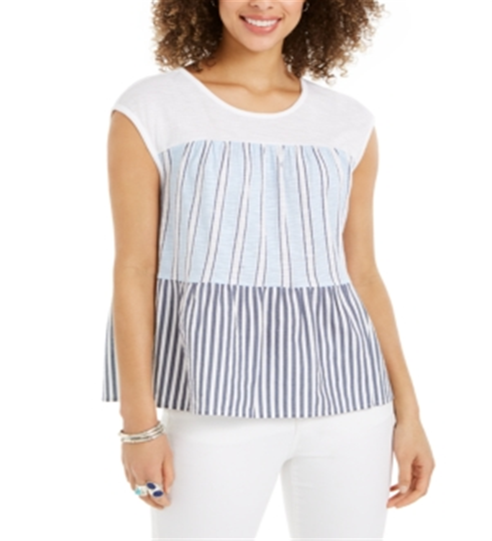 Style & Co Women's Cotton Tiered Printed Top -White Size L