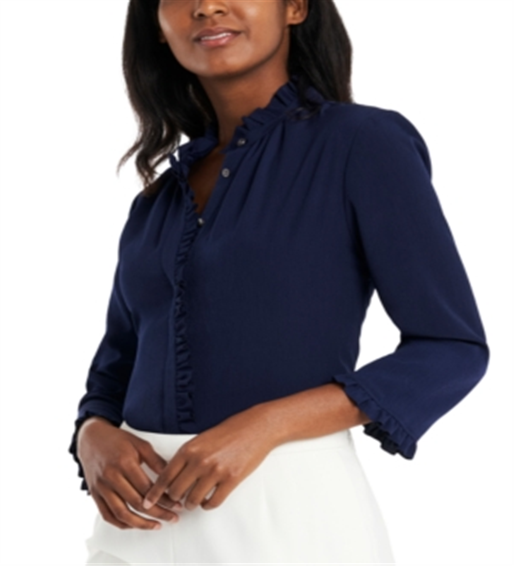 Riley & Rae Women's Penny Ruffled Trim Blouse Blue Size Small