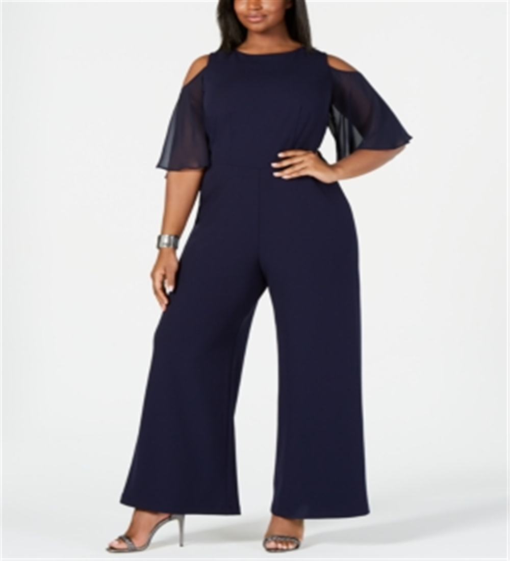 Connected Apparel Women's Bell Sleeve Wide Leg Jumpsuit Blue Size Petite Small