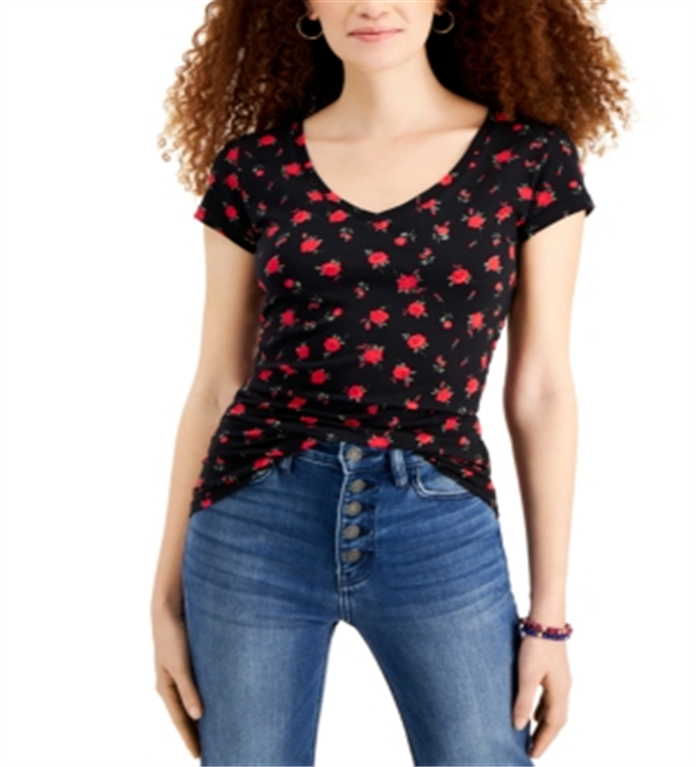 Planet Gold Junior's Printed V Neck T-Shirt Black Size Small