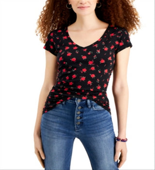 Planet Gold Junior's Printed V Neck T-Shirt Black Size Small