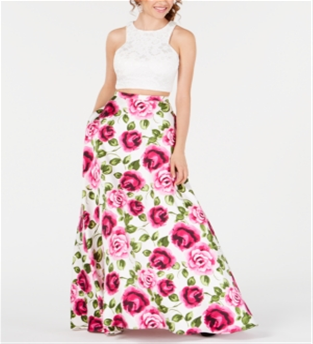 B Darlin Junior's 2 Pc Lace Floral Print Gown Pink Size 11/12