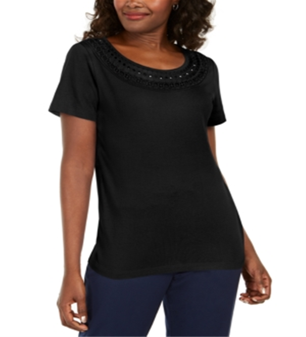 Karen Scott Women's Cotton Crochet Trim T-Shirt Black Size Large