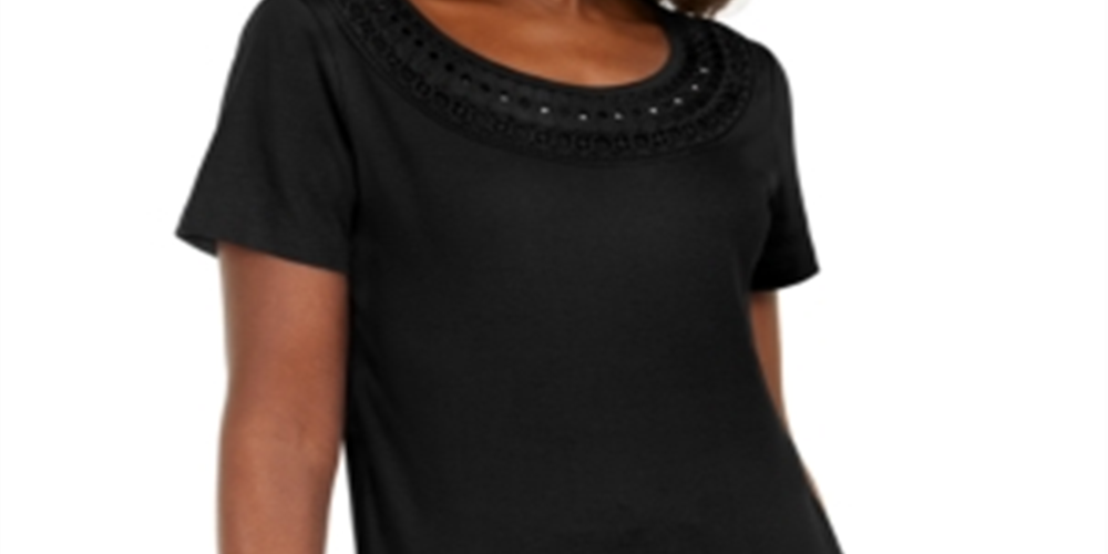 Karen Scott Women's Cotton Crochet Trim T-Shirt Black Size Large