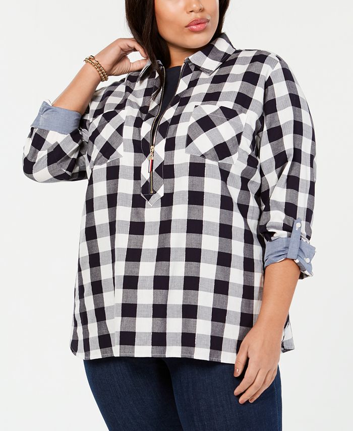 Tommy Hilfiger Women's Check Long Sleeve Button up Top Gray Size 1X
