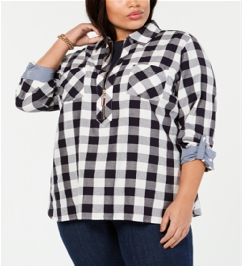 Tommy Hilfiger Women's Check Long Sleeve Button up Top Gray Size 1X
