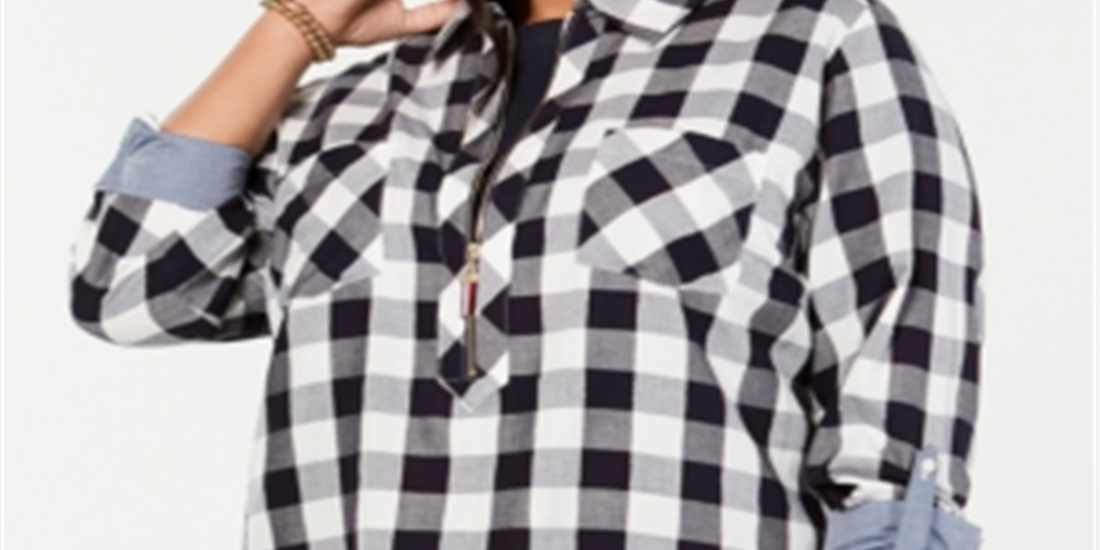 Tommy Hilfiger Women's Check Long Sleeve Button up Top Gray Size 1X