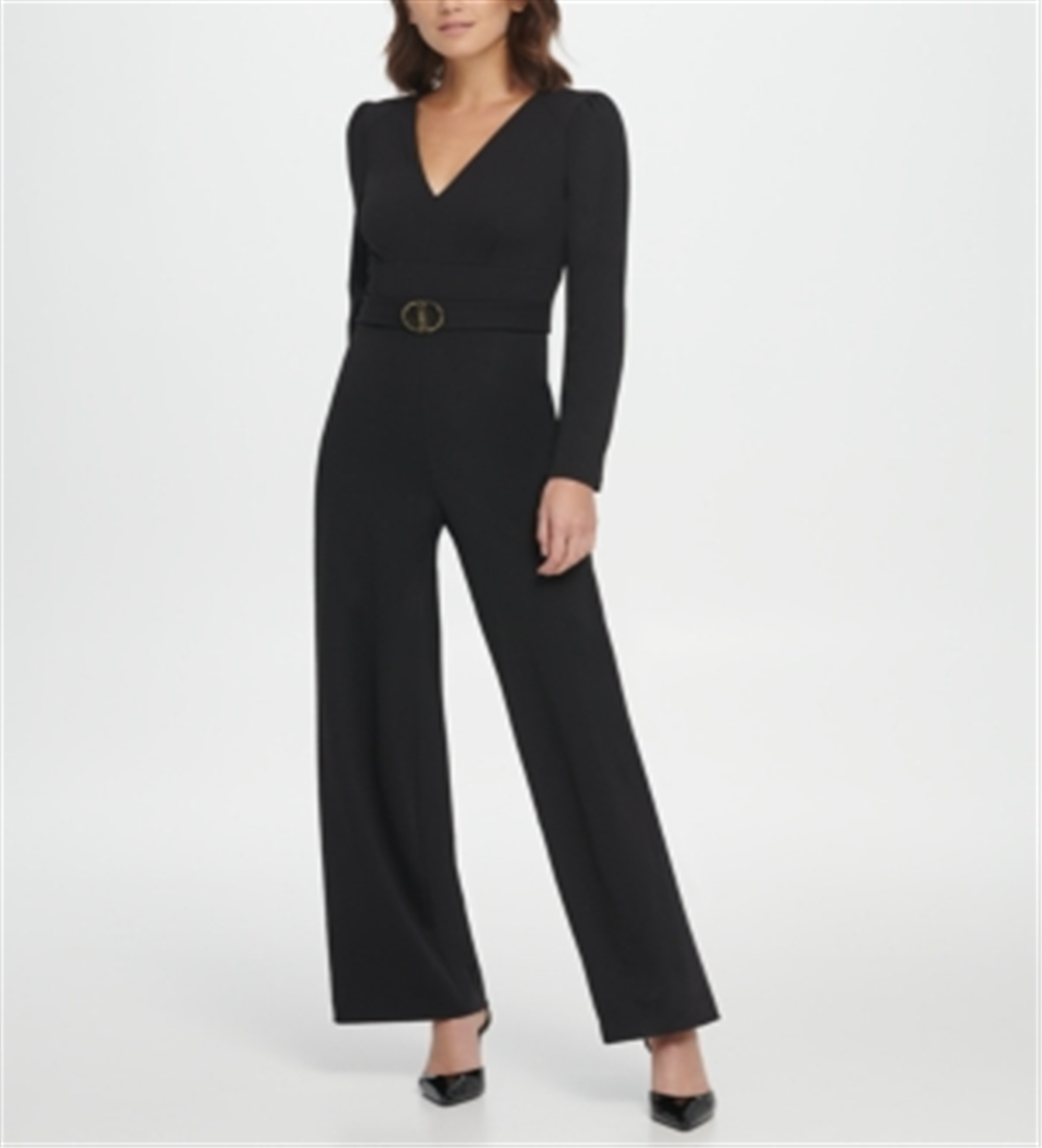 DKNY Women's V Neck D Buckle Jumpsuit Black Size 12