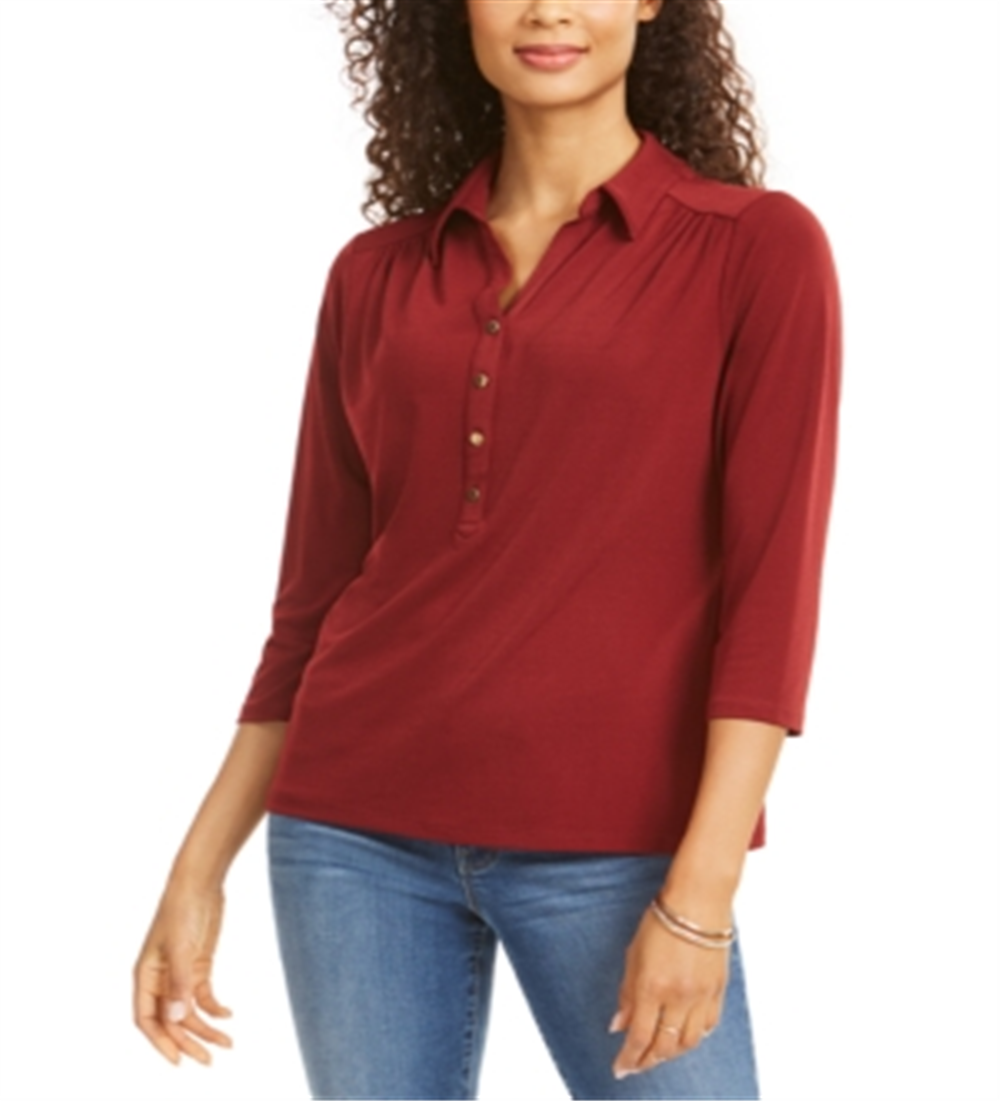 Charter Club Women's 3/4 Sleeve Polo Top Red Size Petite Small