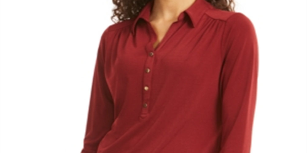 Charter Club Women's 3/4 Sleeve Polo Top Red Size Petite Small