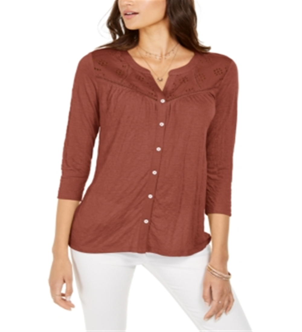 Style & Co Women's Eyelet Button Front Top Brown Size X-Large