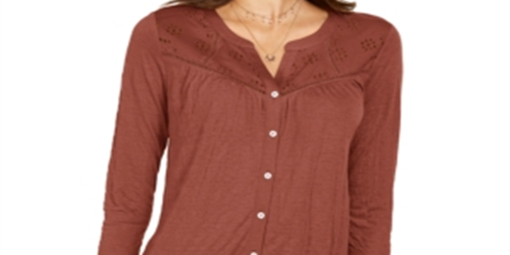 Style & Co Women's Eyelet Button Front Top Brown Size X-Large