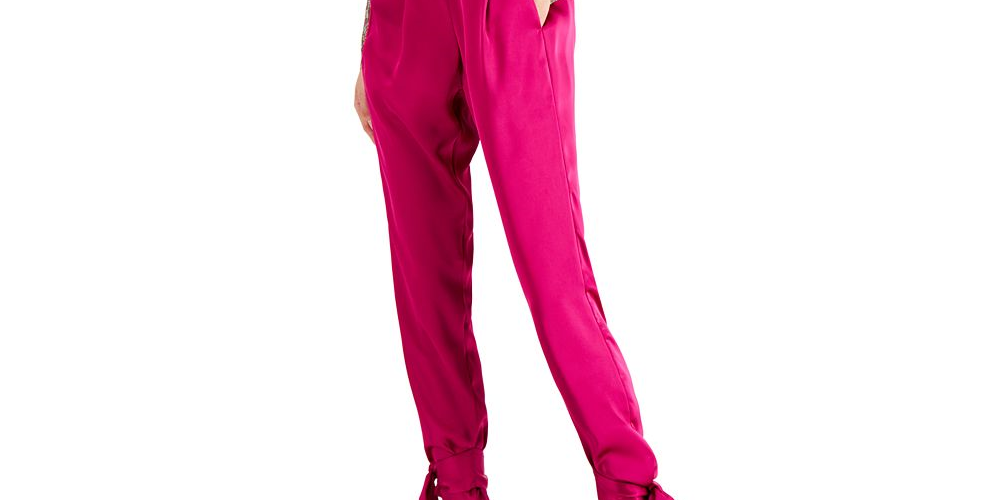 INC International Concepts Women's Satin Straight Tie Hem Stretch Pants Dress Pink Size 0