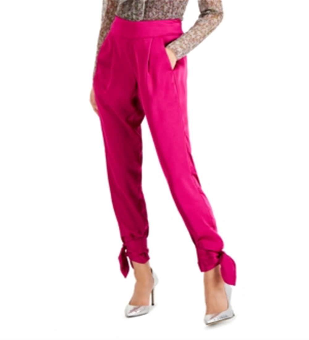 INC International Concepts Women's Satin Straight Tie Hem Stretch Pants Dress Pink Size 0