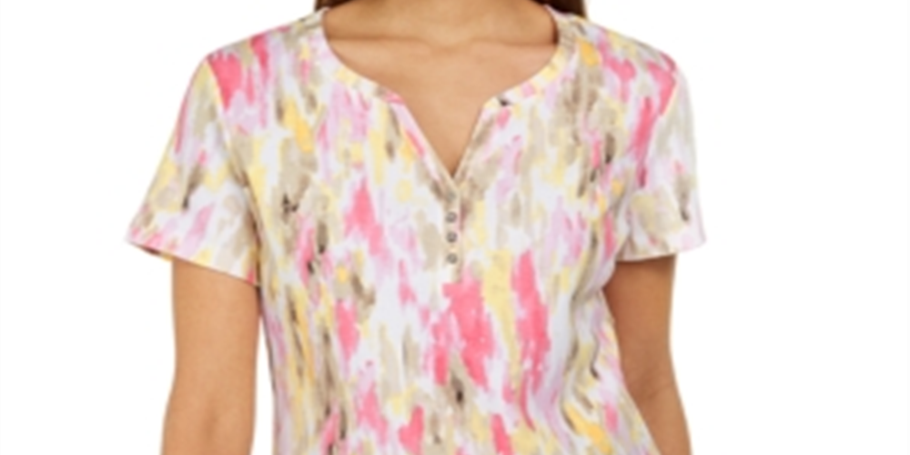 Karen Scott Women's Printed Henley Top Orange Size Medium