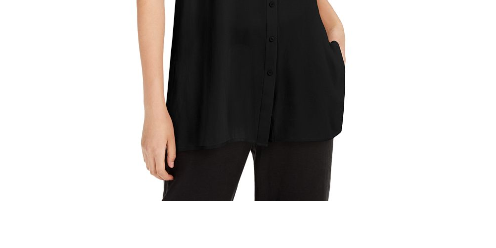 Eileen Fisher System Silk Mandarin-Collar Blouse Bone Brown Size S