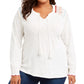 Style & Co Women's Plus Embroide Tie Neck Top White Size 3X