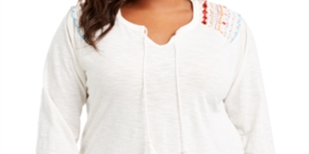 Style & Co Women's Plus Embroide Tie Neck Top White Size 3X